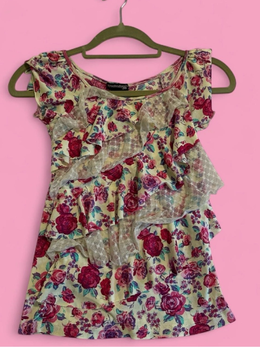 Eyeshadow Cream Floral Ruffle Top with Pink Roses Girl size 7 & 8